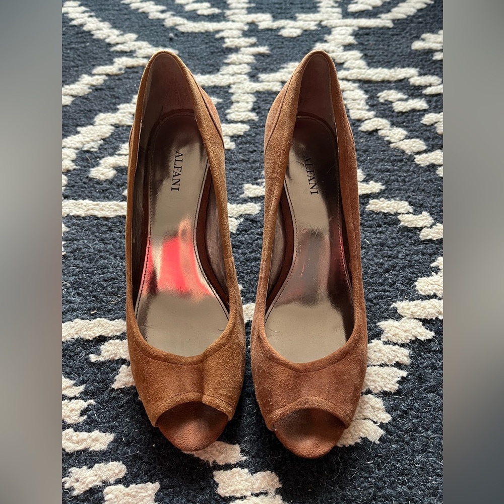 Brown suede wedge heels. 3 inch. Cork. Size 8.